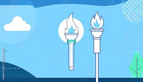 Blue background with two stylized torches and a cloud, rendered in a flat, cartoonish design