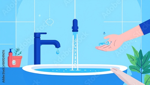 Blue bathroom sink with running faucet, water drops on hand, and indoor plants on a tiled background