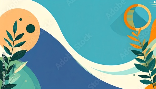 Blue, beige, and teal flat landscape with foliage, a circle, and abstract shapes in a stylized illustration