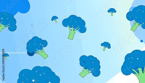 Blue broccoli floats on a light blue backdrop with stylized clouds and splashes, creating a whimsical, surreal scene