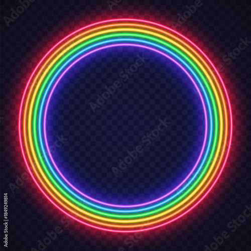 A vibrant circular neon frame made of glowing rainbow lines on a transparent background. The smooth shape adds a dynamic accent ideal for logos or digital layouts.