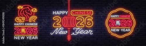 A trio of neon artworks blends horse imagery, lanterns and the 2026 date into glowing festive scenes. The luminous style enhances the Lunar New Year spirit.