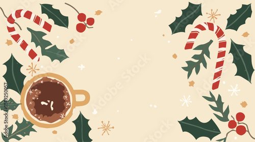 Vector illustration template featuring a festive Christmas scene with a warm cup of hot chocolate, designed in a flat design style, incorporating bold lines