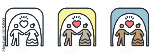 A loving couple standing under an arch with a glowing heart, symbolizing wedding and happy marriage