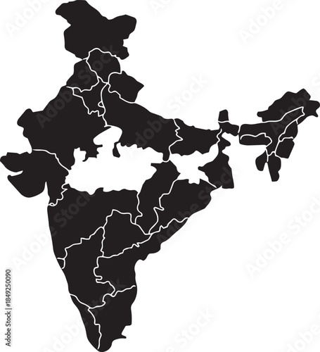 Map of India with state boundaries, showing geographical representation and political divisions