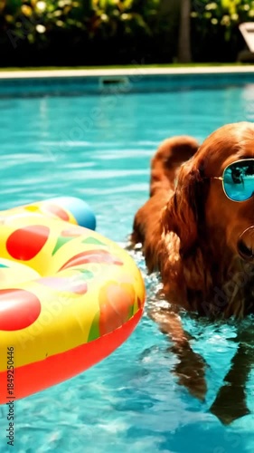 Dog swimming in a pool wearing sunglasses with water splashing summer fun concept