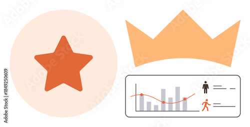 Orange star, crown, and analytics graph with icons representing people and trends. Ideal for leadership, achievement, data analysis, growth, excellence success strategic planning. Simple flat