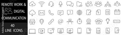 Digital communication line icons. remote work icon set with laptop, video call, chat, cloud, email, teamwork, headset and network symbols for business, online work, web UI and apps. Contact US Icons