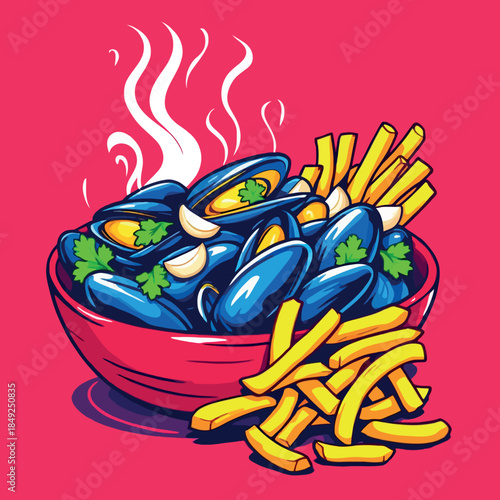 Vsai steaming mussels and fries enjoying a hot meal