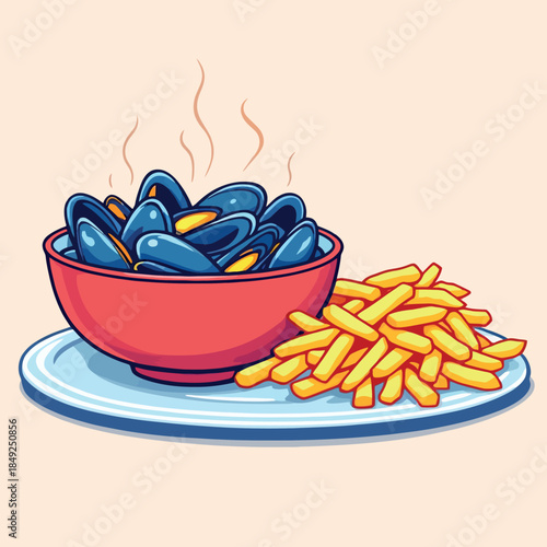 Vsai steaming mussels and french fries on plate
