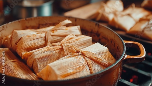 Fototapeta Naklejka Na Ścianę i Meble -  Steaming tamales cooking in a pot