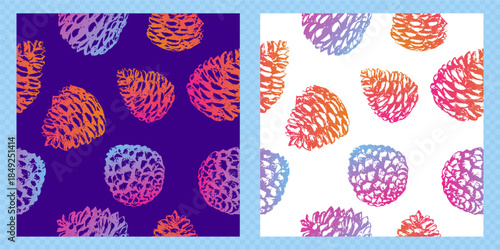 Seamless vector pattern with hand drawn pine cones in bright gradient colors. Festive natural design suitable for winter, Christmas, packaging, textiles, wrapping paper and backgrounds.