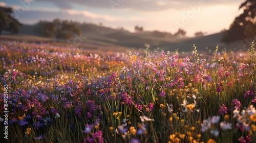 Beautiful Wildflower Meadow Field at Sunset with Mountains in Distance - Spring Flower Landscape Photography
