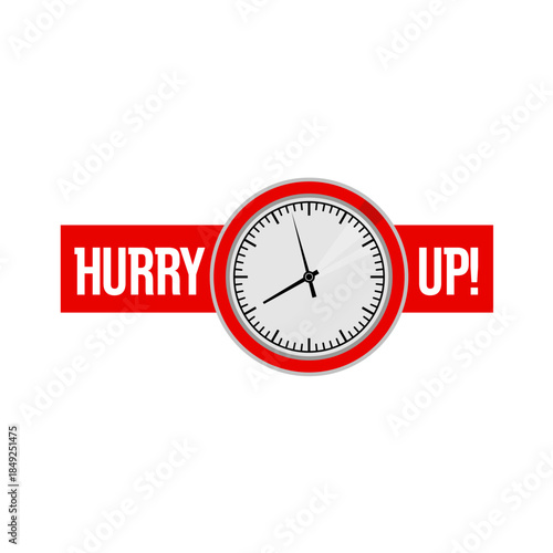 Red label sticker with clock and hurry up text, vector icon