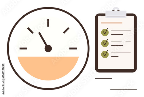 Speedometer with needle at midpoint and a checklist with marked tasks, symbolizing progress and efficiency. Ideal for productivity, goal tracking, performance, planning, workflow, quality management