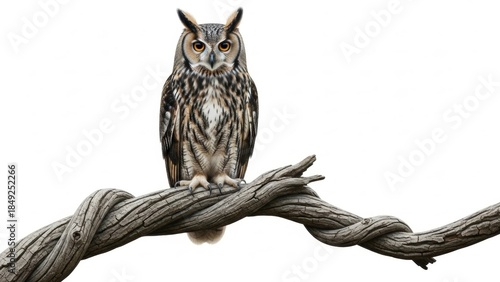 Ancient Branch Oracle: a solemn owl sits centered on a twisted limb, striped feathers, tall ear tufts, and unblinking gaze giving the scene a timeless feeling of forest wisdom and midnight mystery

