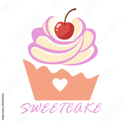 Sweet cake slice. cheery cake. Love and Valentine's Day concept .Sweet muffin. muffin with heart. Love and Valentine's Day printable sweet cake lover Doodle valentine cupcake hand drawn
