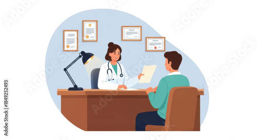 Doctor consulting with patient at desk isolated on transparent background