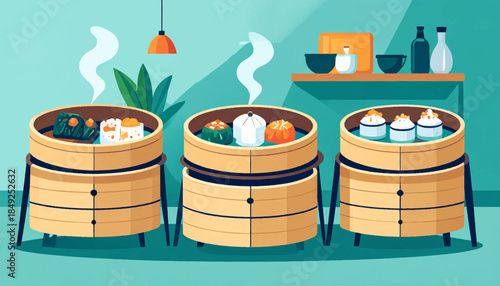 3 stacked wooden dim sum steamers with tasty fillings and rising steam, against a teal backdrop with shelf and plant