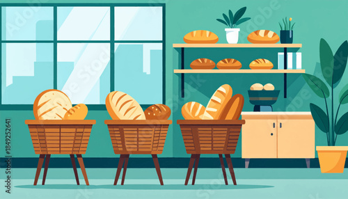 A bakery with baskets of fresh bread, shelves of bread, window, plants, counter. Flat, stylized