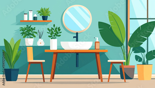 A bathroom scene with a sink, mirror, plants, and chairs, in a stylized, illustrative rendering