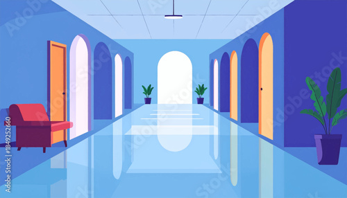 A blue hallway with arches, doors, plants, red chair, and reflective floor, creating a clean, stylized interior scene