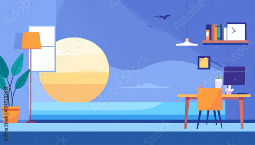 A blue home office scene looks out at the horizon over the sea, with a plant, lamp, and desk