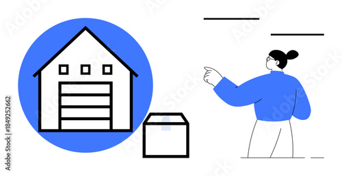 Logistics, delivery services, inventory management, e-commerce, warehouses, business operations. A graphical warehouse, a package and a person pointing. Logistics and delivery services concept