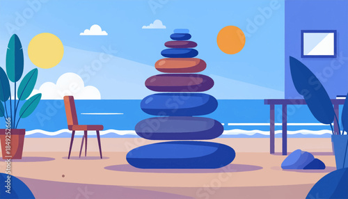 A beach scene depicts stacked stones, chair, and sun in a colorful, stylized setting with potted plants