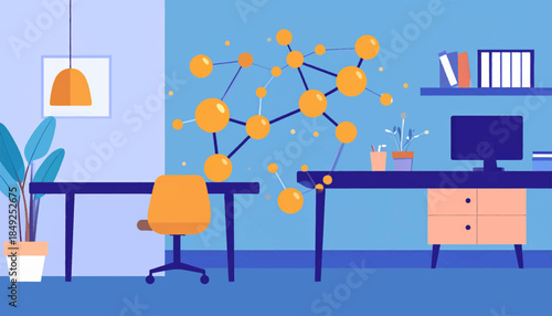 A blue stylized home office scene with desks, a chair, a plant and a molecule structure illustration