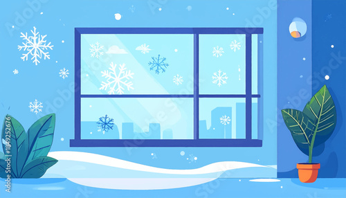 A blue, stylized winter scene with snowflakes, a window, cityscape view, indoor snowdrift, & potted plants