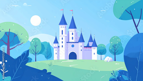 A blue, stylized castle with tall towers in a lush, green, tree-filled landscape under a bright, white sun