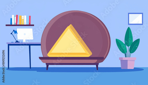 A bright, minimalist room, desk, chair, plant, and shelf, bathed in a cool blue light