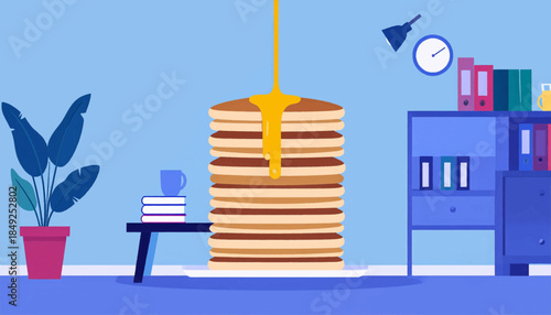 A cartoon office scene featuring a large stack of pancakes with syrup being poured on top in the foreground