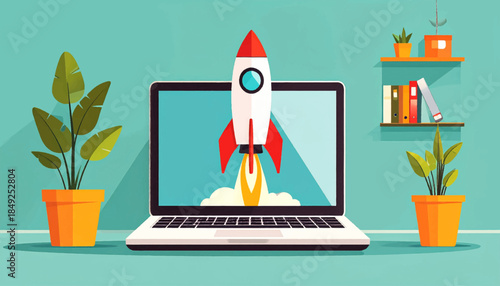 A cartoon laptop displays a rocket launching, flanked by potted plants, with a shelf of books on a teal wall