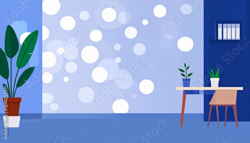 A modern, minimal blue room with indoor plants, table and a chair in flat illustration