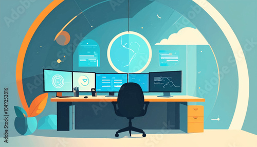 A modern stylized home office interior, with a curved arch, multiple monitors, and a swivel chair