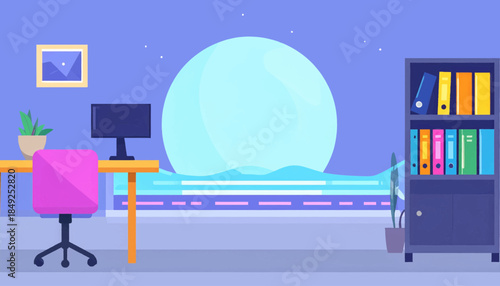 A cartoon office with a desk, computer, pink chair, bookcase, and a large glowing orb outside the window