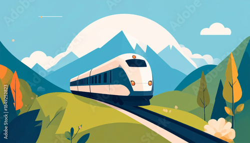 A modern train traverses a vibrant landscape with mountains, trees and green grass against a clear blue sky