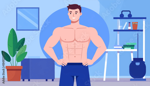 A muscular man stands indoors, hands on hips, with exercise equipment and plant decorations in a light blue room