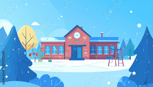A cartoon school building nestled among snowy trees under a light blue winter sky with falling snow