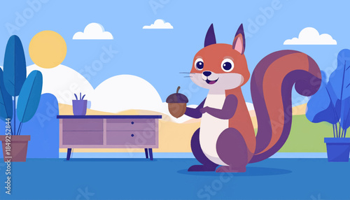 A cartoon squirrel holds an acorn in a stylized, sunny interior scene with plants and a dresser