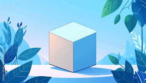 A pastel cube rests on a surface surrounded by blue-green foliage in a flat, stylized, scenic illustration
