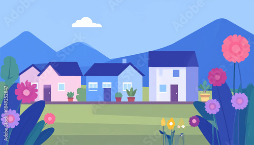 A pastel-colored cartoon landscape with houses, flowers, mountains, grass, and a single cloud in a light blue sky