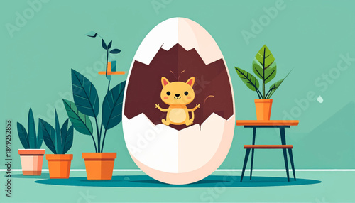 A cartoon yellow cat emerges from a large, cracked egg surrounded by potted plants against a mint background