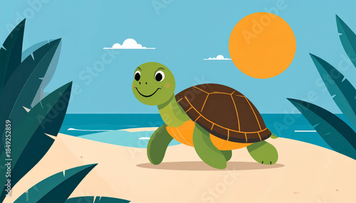 A cartoon turtle walks across a sandy beach toward the ocean on a sunny day with plants on the sides