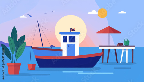 A peaceful scene of a boat at sea, with a potted plant and a shaded table under the sun