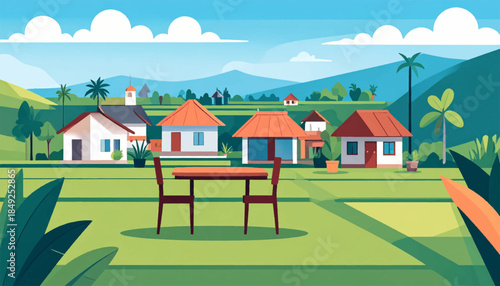 A peaceful village vista, with houses, trees, and mountains under a blue sky