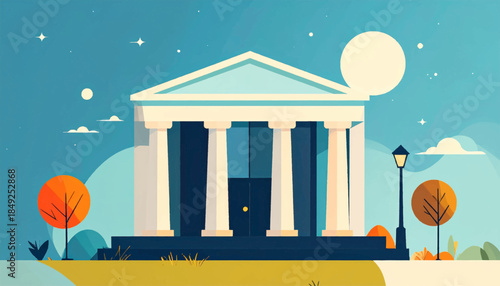 A cartoonish illustration of a building with columns under a moonlight sky in a minimal landscape