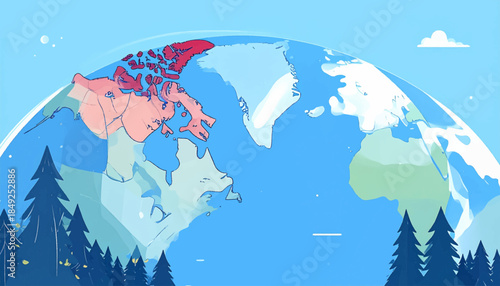 A stylized, global view showcasing Canada, with pine trees in the foreground, set against a pastel blue sky